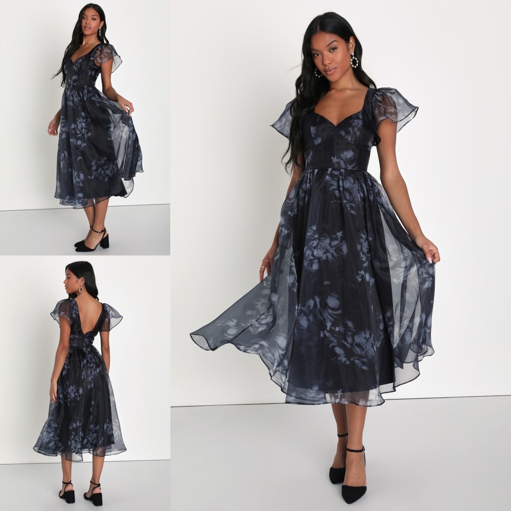 Lulus Mesmerizing Mood Black Floral Organza Ruffled Midi Whimsical Fairy Dress